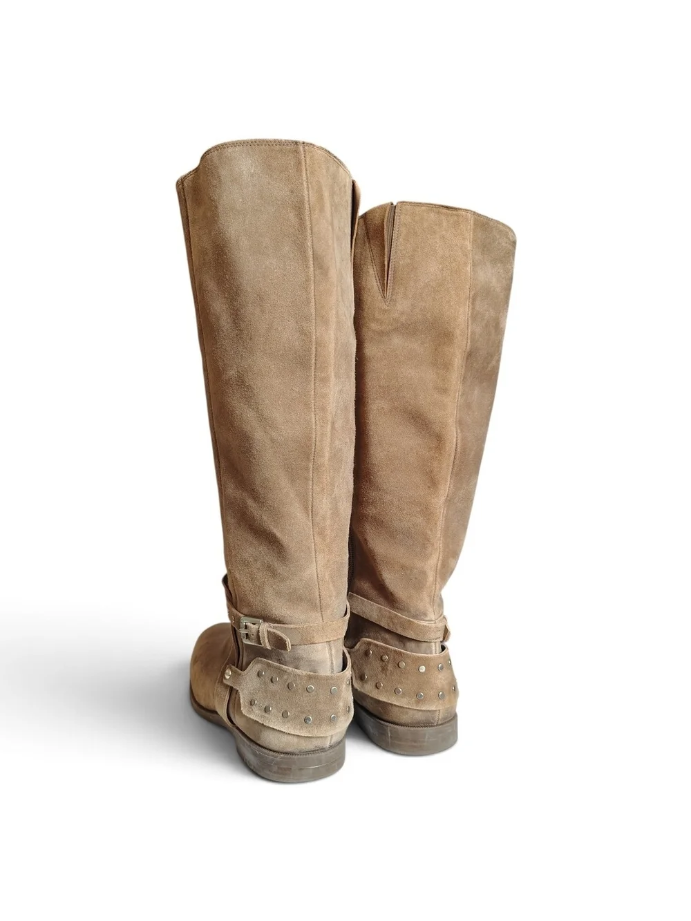 Nine West Luciana Tan Suede Studded Harness Riding Boots Women's Size 9